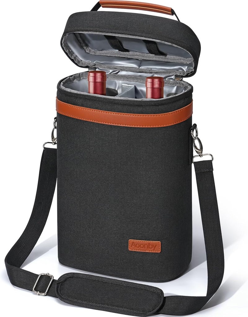 Aoonby 2 Bottle Wine Bag Wine Cooler Carrier Wine Gift Tote Bag, Leakproof & Insulated Bottle Bags for Travel, BYOB, Beach, Dinner, Party, Christmas Gifts for Wines Lovers Women Men - Black - Image 1